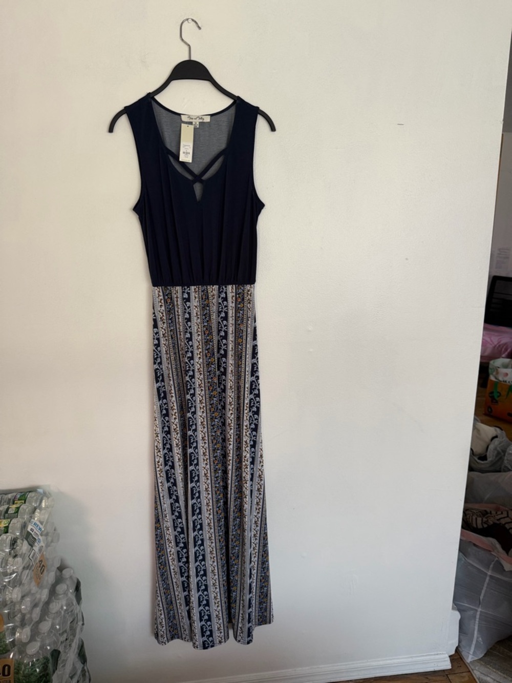 Sleeveless Navy and Patterned Maxi Dress with V-Neck Detail